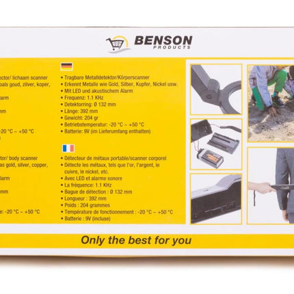 Benson draagbare metaaldetector 39 cm handscanner met LED-indicator en geluidsalarm