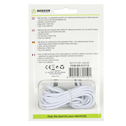 Benson USB-C naar Lightning kabel 2 meter wit voor opladen en dataoverdracht