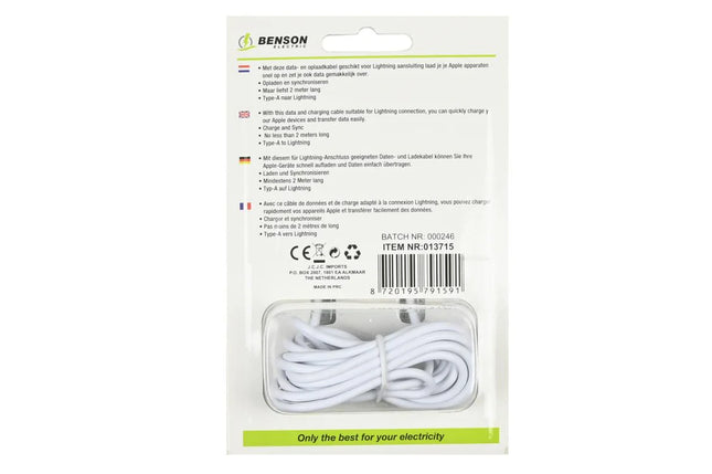 Benson USB-C naar Lightning kabel 2 meter wit voor opladen en dataoverdracht