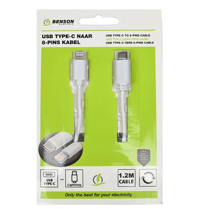 Benson USB-C naar Lightning kabel 1,2 meter wit voor opladen en dataoverdracht
