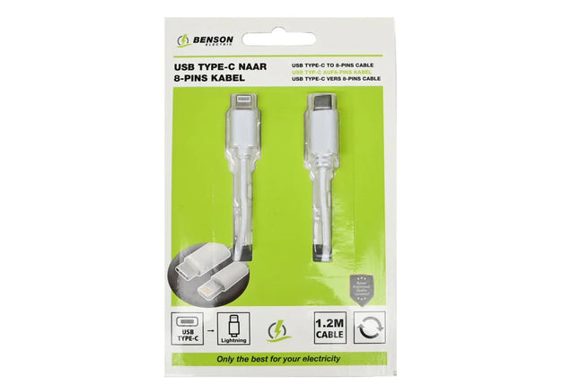 Benson USB-C naar Lightning kabel 1,2 meter wit voor opladen en dataoverdracht