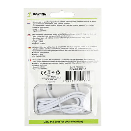 Benson USB-C naar Lightning kabel 1,2 meter wit voor opladen en dataoverdracht