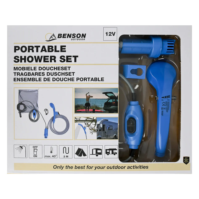 Benson mobiele doucheset 12V met waterpomp, douchekop, slang en opbergtas voor camping en outdoor