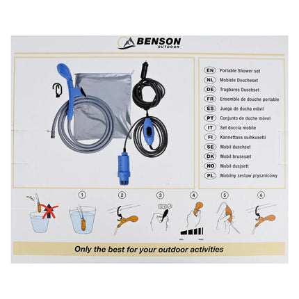 Benson mobiele doucheset 12V met waterpomp, douchekop, slang en opbergtas voor camping en outdoor