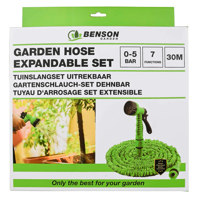 Benson uitrekbare tuinslangset 30 meter met sproeikop en 7 sproeistanden voor tuin en terras
