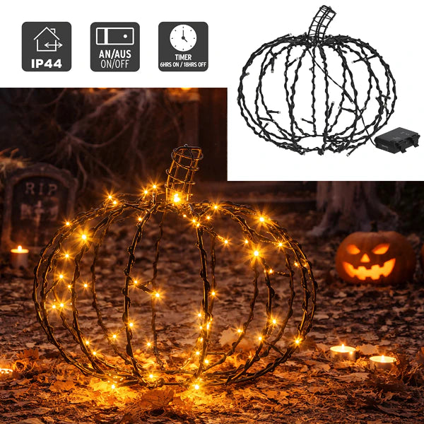 LED Halloween Pompoen voor Buiten – 30 cm – 48 Warmwitte LED’s - Inclusief 3 LED-spooklichtkettingen van 165 cm