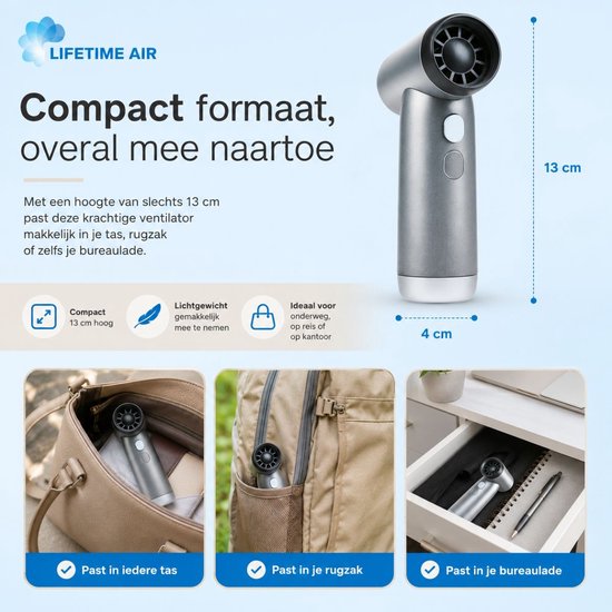 Lifetime Air Mini Ventilator USB-C – 3 Standen | Draadloos & Draagbaar