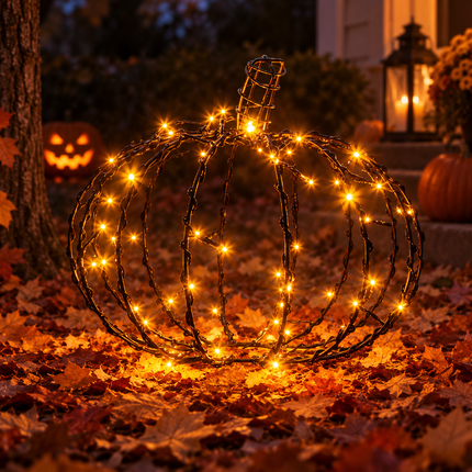 LED Halloween Pompoen voor Buiten – 30 cm – 48 Warmwitte LED’s - Inclusief 3 LED-spooklichtkettingen van 165 cm